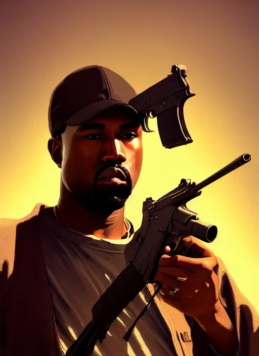 Image similar to highly detailed portrait kanye holding ak 4 7 in gta v stephen bliss unreal engine fantasy art by greg rutkowski loish rhads ferdinand knab makoto shinkai lois van baarle ilya kuvshinov rossdraws tom bagshaw global illumination radiant light detailed intricate environment