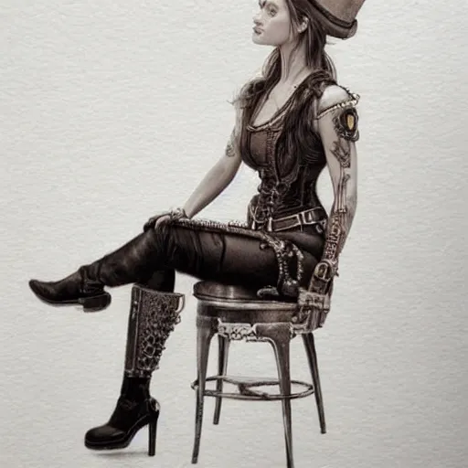 Image similar to hyper realistic full body pencil drawing of a woman steampunk sitting on a chair, water color, detailed, rim light, diffused, intricate, by anna dittmann,