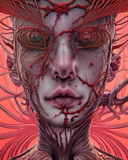 Image similar to realistic detailed image of skin ripping off the body, conjuring psychedelic background, part by takato yamamoto, part by alex gray, ross tran, james jean, ultra realistic, octane render, highly detailed, 8 k, trending on artstation, cosmic, symmetry, masterpiece