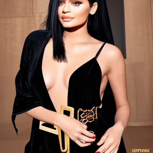 Prompt: kylie jenner wearing black robe and golden necklace cinematic photoshoot high quality highly affordable photo realistic 8 k hd