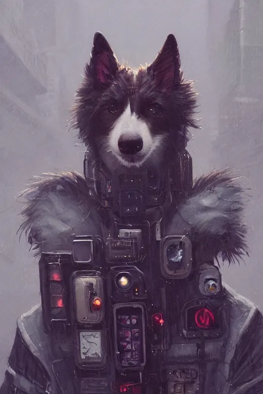 Image similar to new york city portrait of furry anthro anthropomorphic border collie head animal person fursona wearing clothes strange cybernetic augmentations cyber muzzle gloomy rainy cyberpunk digital art by Greg Rutkowski, Simon Stalenhag, trending on Artstation, CGSociety