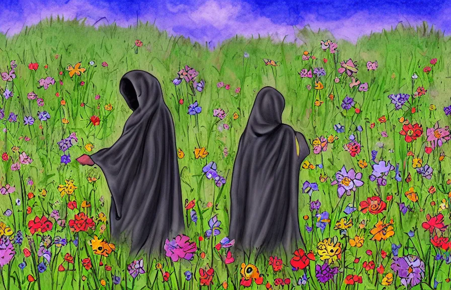 Image similar to grim reaper in a meadow of flowers, gray stormy wather, children drawing