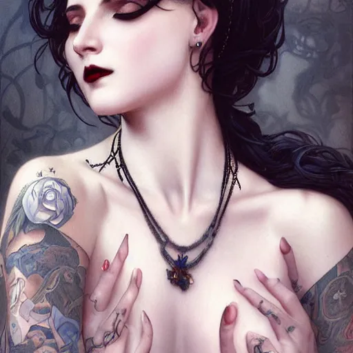 Prompt: portrait of a sexy goth tattooed girl, intricate, elegant, highly detailed, digital painting, artstation, concept art, smooth, sharp focus, illustration, art by artgerm and greg rutkowski and alphonse mucha and william - adolphe bouguereau