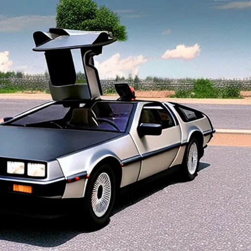 Image similar to still photo of delorean back to the future, highly detailed, photorealistic, bright studio setting, studio lighting, crisp quality and light reflections, unreal engine 5 quality render