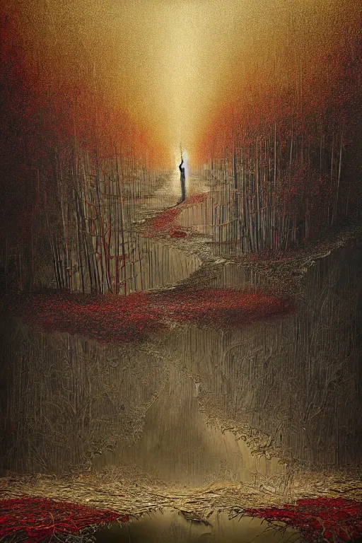 Image similar to immaculate painting of A Beautiful fine detailed gold and red and black Forest Illusion by erik johansson micro detailing