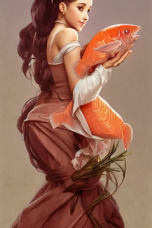 Prompt: beautiful cottagecore Ariana Grande holding a salmon colored vase. intricate, elegant. highly detailed, digital painting, artstation, concept art, smooth, sharp, focus, illustration. . art by artgerm and greg rutkowski and alphonse mucha