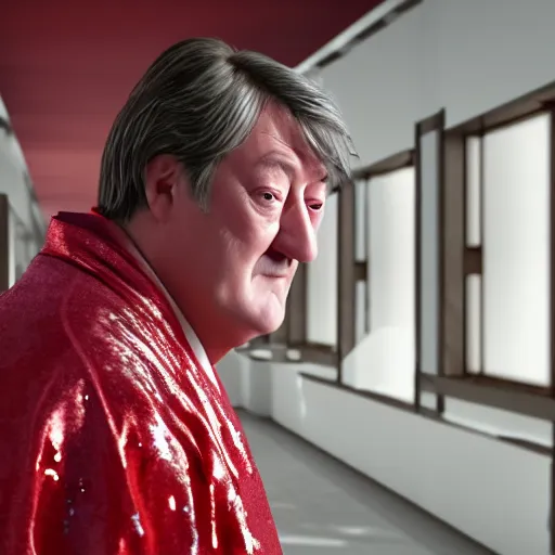 Image similar to Stephen Fry in a fancy kimono, unreal engine octane, red and white, portrait, glitter, depth of field, 8k, hyper detailed