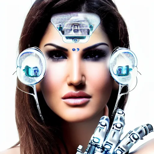 Prompt: beautiful centered Fine art photo portrait of Sunny Leone as a solarpunk robotic humanoid, crystal mechanical parts with led lights, photorealistic, white background, highly detailed and intricate, outdoor lighting, HDR 8k