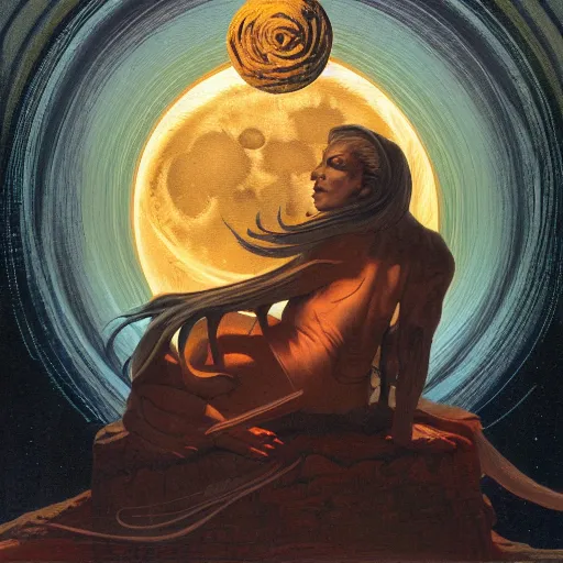 Prompt: sleep of wise old beautiful woman Desert Deity under unresolved evil moon illusion, in the style of Frank Frazetta, Jeff Easley, Caravaggio, extremely clear and coherent, clear lines, 8K revolution