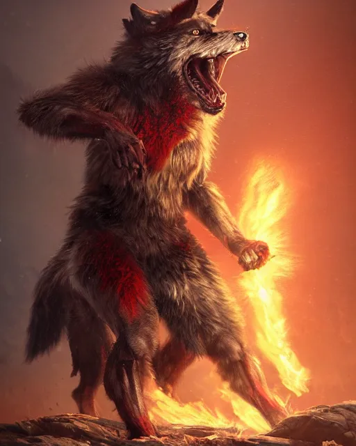 Image similar to oil painting of Angry Anthropomorphized Wolf Berserker, wearing red fur, claws, sharp focus, attack pose, fantasy style, octane render, volumetric lighting, 8k high definition, by greg rutkowski, highly detailed, trending on art Station, burning Battlefield background, centered