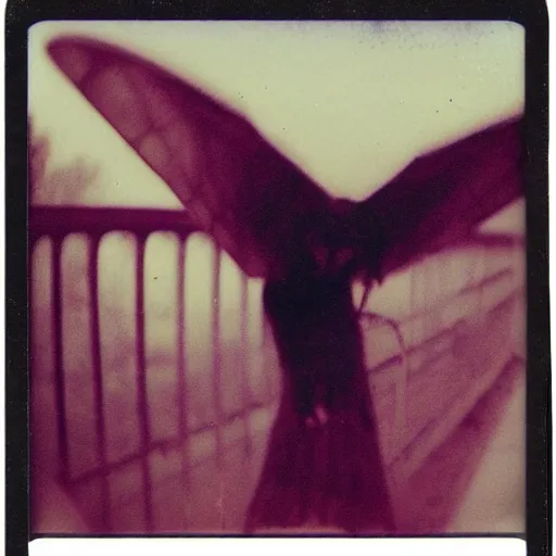 Image similar to Real Polaroid photo of Mothman perched on a bridge, red glowing eyes