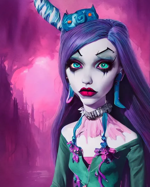 Image similar to watercolor portrait of monster high draculaura doll, stephen bliss, unreal engine, by greg rutkowski, loish, rhads, makoto shinkai and lois van baarle, ilya kuvshinov, rossdraws, global illumination, radiant light, detailed and intricate environment, watercolor lighting