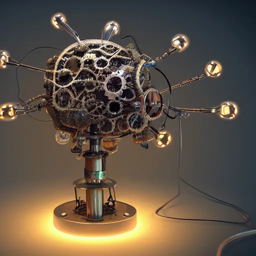 Prompt: ultrarealistic steam punk neural network machine in the shape of a brain, placed on a pedestal, covered with neurons made of gears. dramatic lighting unrealengine trending on art station, high oktane render james gurney