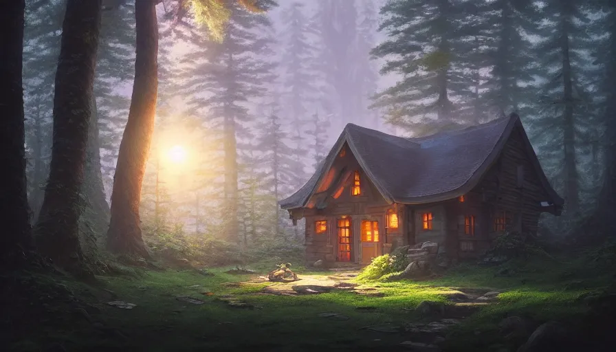 Image similar to A highly detailed matte painting of cottage in a dark forest, by Studio Ghibli, Makoto Shinkai, by Artgerm, by beeple, by Greg Rutkowski, volumetric lighting, octane render, 4K resolution, trending on artstation, masterpiece