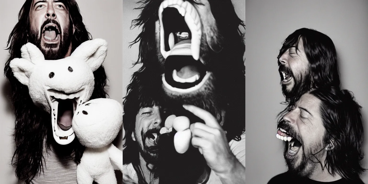 Prompt: High resolution medium shot portrait of Dave Grohl screaming at a stuffed animal, dramatic lighting, Fuji Superia, F 2.8, 85mm, magazine photography,