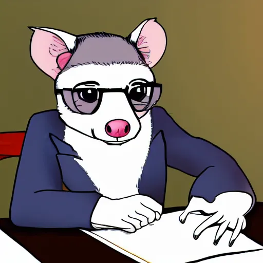 Prompt: high quality photorealistic digital illustration of an opossum named paw - paw who is a lawyer. he is wearing glasses and taking notes on a legal pad. in the style of rebecca sugar