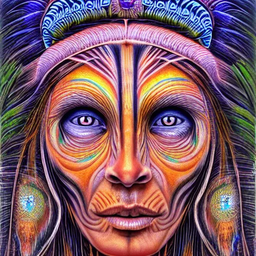 Prompt: A old native shaman woman with beatiful eyes and a all seeing eye on the forehead in a amazon forrest by alex grey, digital art, intricate, 4k