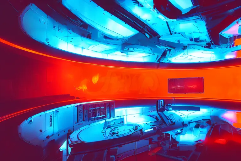 Image similar to Film still of the bridge of a space ship, large viewscreens, control panels, orange and cyan lighting, burning fire, electric sparks, smoke, Cinestill colour cinematography, anamorphic