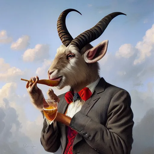 Image similar to commissioned artwork of a furry anthro goat smoking a cigar, three piece suit, painted todd lockwood, jeff easley, greg rutkowski, james gurney, artgerm, digital art, trending on artstation, award - winning, vivid, detailed