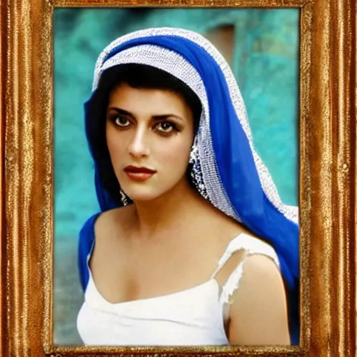 Image similar to young Monica Belluci as an Arab woman, tanned skintone, bright blue eyes, white veil, portrait