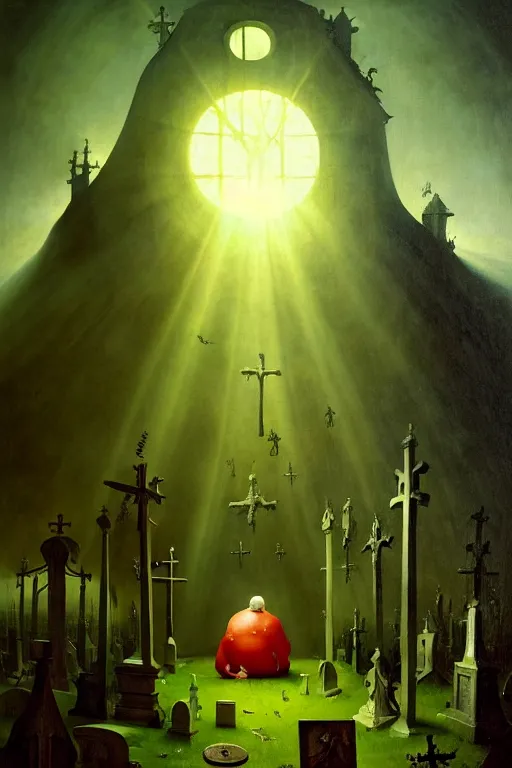 Image similar to hieronymus bosch, greg rutkowski, anna podedworna, painting of a fat white blob person with red hair, god rays, wide shot of a graveyard lit by spooky green lights