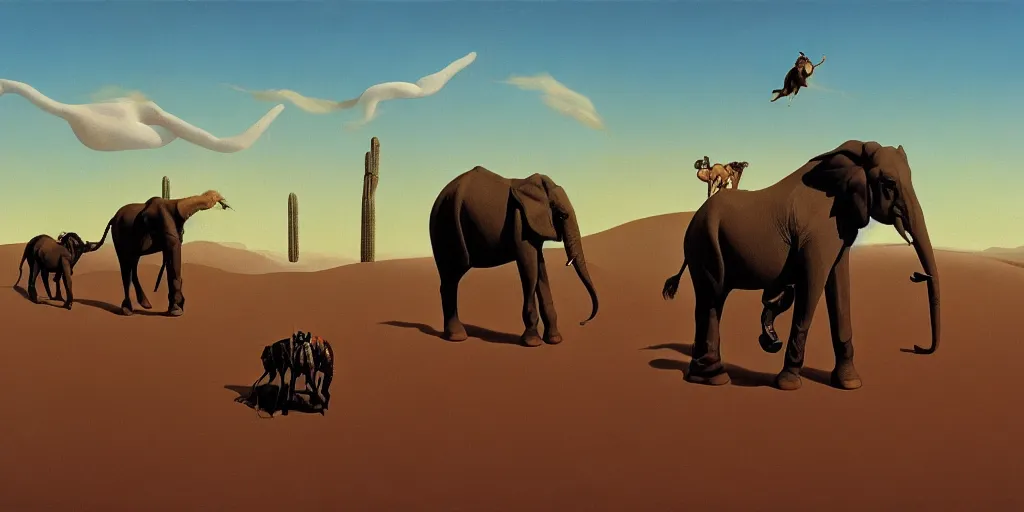 Prompt: Surrealist painting of horses and elephant with giant legs in a strange and curious desert, dali, magritte, Ethereal, artstation, 8k