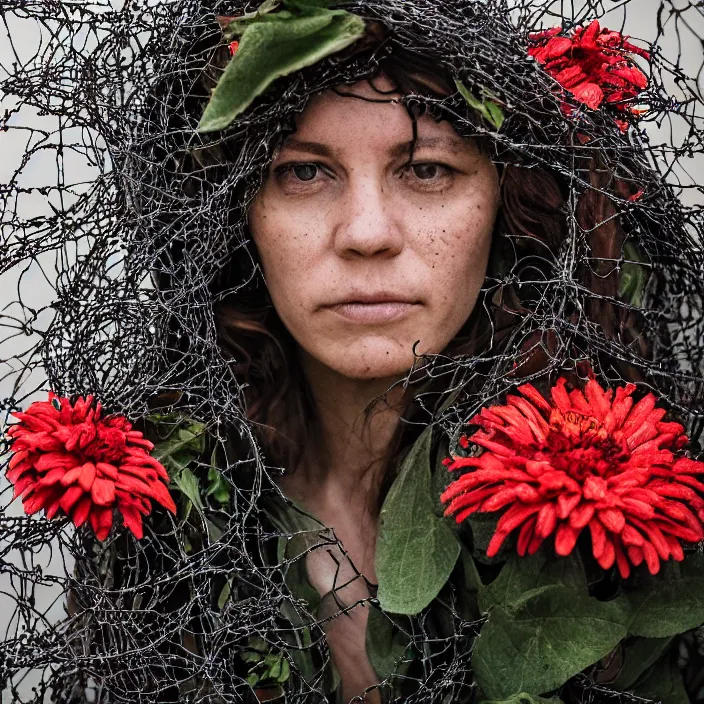 Image similar to a closeup portrait of a woman wearing a hooded cloak made of zinnias and barbed wire, in a derelict house, detailed face, CANON Eos C300, ƒ1.8, 35mm, 8K, medium-format print