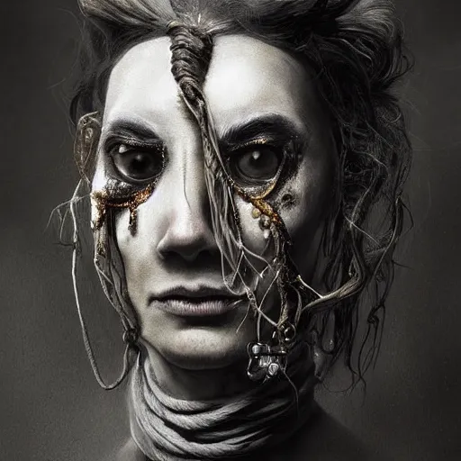 Image similar to portrait of a Shibari rope wrapped face and neck, headshot, insanely nice professional hair style, dramatic hair color, digital painting, of a old 17th century, old cyborg merchant, mouth wired shut, amber jewels, baroque, ornate clothing, scifi, realistic, hyperdetailed, chiaroscuro, concept art, art by Franz Hals and Jon Foster and Ayami Kojima and Amano and Karol Bak,