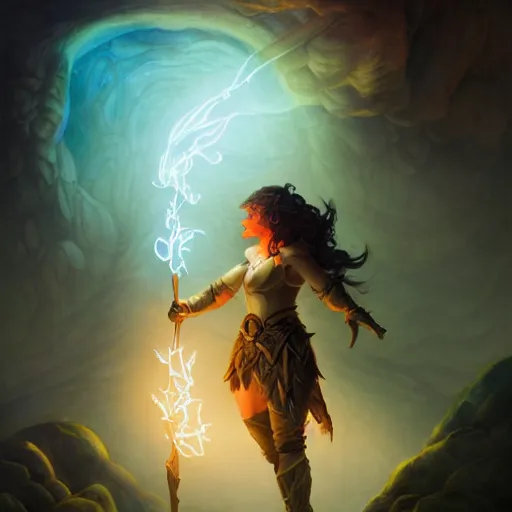 Image similar to full body portrait of a female fantasy halfling hobbit fistfighter, communing with her glowing goddess of mist and light, flowing robes and leather armor, detailed dynamic light painting by peter mohrbacher and albrecht anker