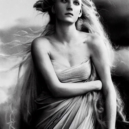 Image similar to full body color photograph of Helen of Troy, wearing a diadem, her hair blowing in the wind, dramatic lighting, by Annie Leibovitz Carl Zeiss 135mm nikon