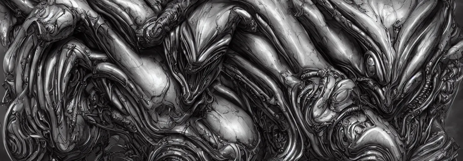 Prompt: engineer alien bood face by Artgerm, xenomorph alien, highly detailed, symmetrical long head, blood color, smooth marble surfaces, detailed ink illustration, raiden metal gear, cinematic smooth stone, deep aesthetic, concept art, post process, 4k, carved marble texture and silk cloth, latex skin, highly ornate intricate details, prometheus, evil, moody lighting, hr geiger, hayao miyazaki, indsutrial Steampunk