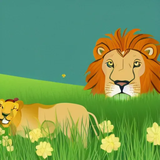 Prompt: Lion in a meadow with hornbeam, Behance, illustration kawaii, vector, sharp focus, 4k