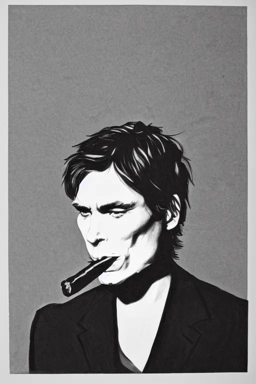 Prompt: cillian murphy smoking a cigar, portrait, greyscale