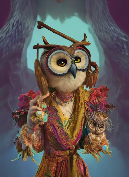 Image similar to an anthropomorphic beautiful goddess female wizard made of owl portrait holding a staff wearing colourful robe, fine art, award winning, intricate, elegant, sharp focus, octane render, hyperrealistic, cinematic lighting, highly detailed, digital painting, 8 k concept art, art by jamie hewlett and z. w. gu, masterpiece, trending on artstation, 8 k