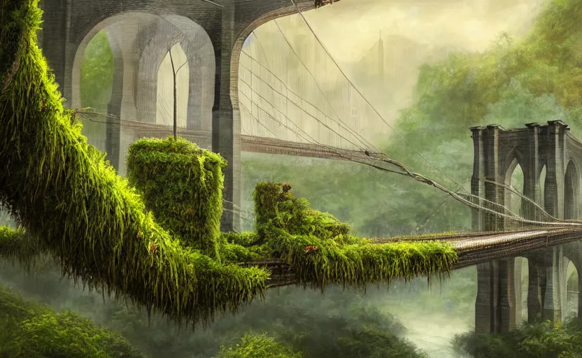 Image similar to an epic landscape view of vines and moss growing on the brooklyn bridge, moss, jungle, with pterosaurs flying, close - up, low angle, wide angle, atmospheric, volumetric lighting, cinematic, very realistic, sharp, highly detailed digital art, painted by tyler edlin