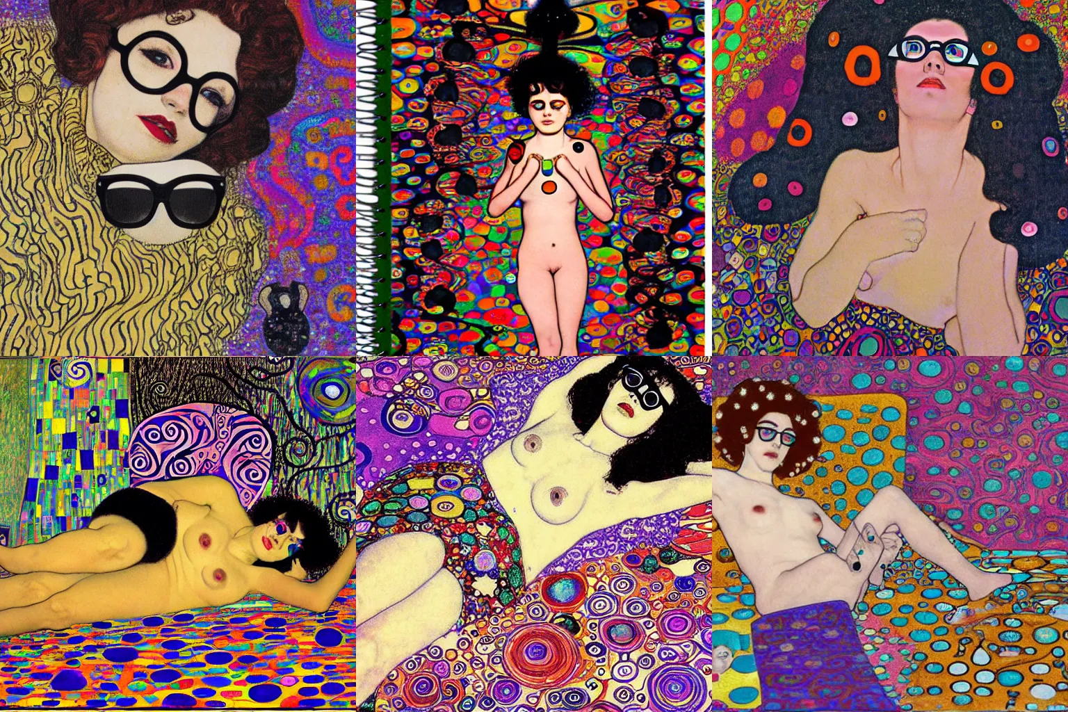 Prompt: klimt 1960s teenage girl, black pixie hair and big glasses, dressed in black, laying on a trippy victor moscoso floor . lsd colorful bedroom. writting on her diary
