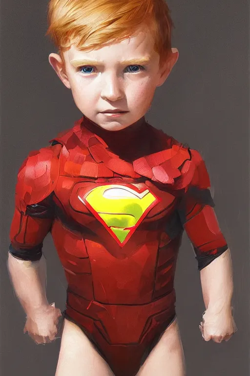 Image similar to a little boy with a michievous face and ginger hair. he is dressed as a superhero. clean elegant painting, beautiful detailed face. by artgerm and greg rutkowski