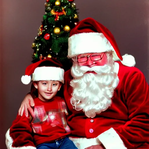 Prompt: santa claus sitting on a kid's lap at the mall, film camera photo, highly detailed, high definition, ultra realistic