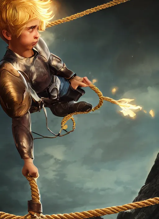 Image similar to An epic fantasy comic book style portrait painting of a young blonde boy thief launching grappling rope from a device worn on his wrist, unreal 5, DAZ, hyperrealistic, octane render, cosplay, RPG portrait, dynamic lighting