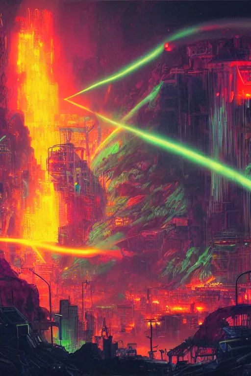 Prompt: a cyberpunk city in the crater of a volcano, lava flowing, smoke, fire, neon, clubs, festival, lasers, industrial, by paul lehr, jesper ejsing