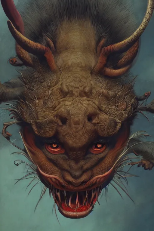 Image similar to a portrait of a thai devil animal illustrated by miyazaki by karol bak, james jean, tom bagshaw, rococo, sharp focus, trending on artstation, cinematic lighting, hyper realism, octane render, 8 k, hyper detailed, vivid, ultra detailed, highly detailed