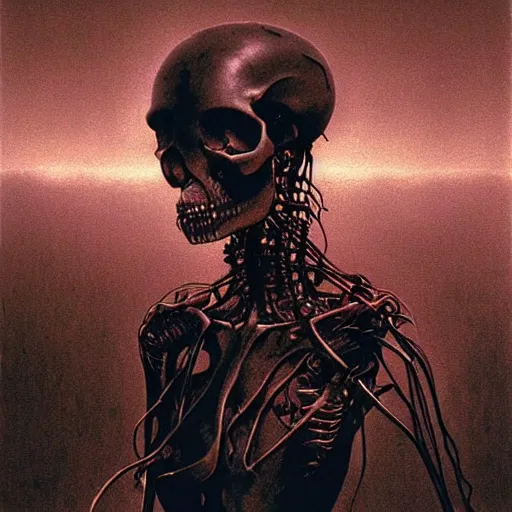 Image similar to horrific cyborg, horror movie lighting, exposed skull and wires, beksinski art style,