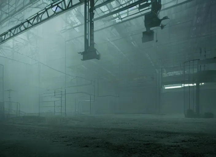 Image similar to enormous machine standing alone in a factory, green ambient light, light fog, creepy, cinematic still, 4k,