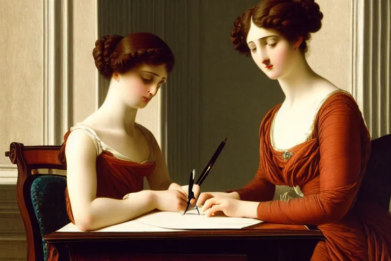 Prompt: georgian lady writing at her desk by vittorio reggianini, directoire style, regency, empire silhouette, bright lighting, perfectly detailed eyes, beautiful hands, pale skin, clear face