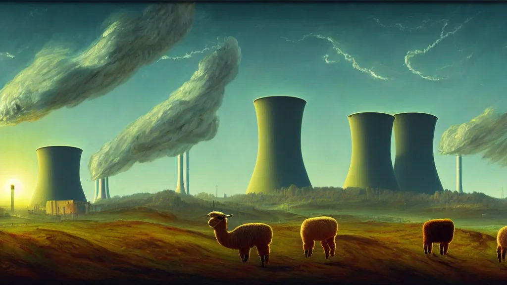 Image similar to A nuclear power plant in utopia by Simon Stålenhag and J.M.W. Turner, oil on canvas<photobomb>Alpaca</photobomb>; Nuclear Fallout, Art Direction by Adam Adamowicz; 4K, 8K Ultra-Realistic Depth Shading; Epic 4k dream drone shots