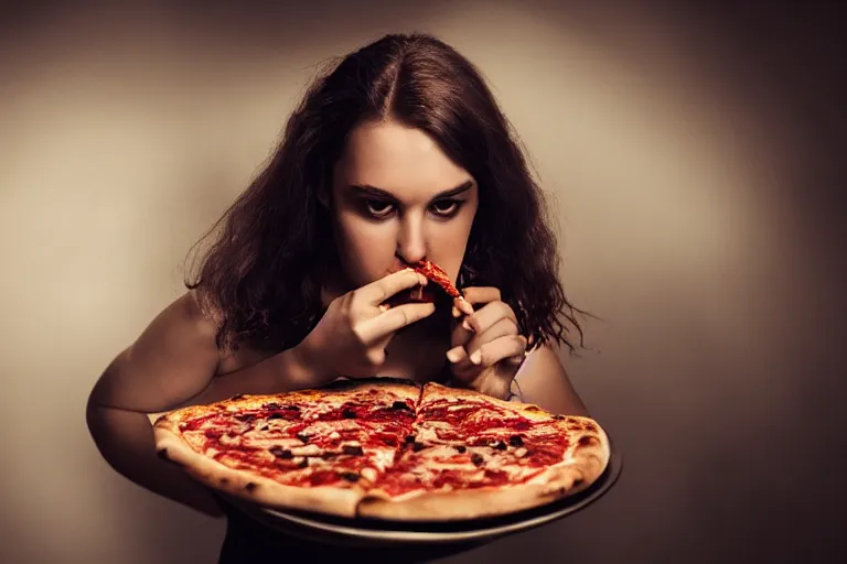 Image similar to A dark, brooding young woman eating a delicious pizza, studio portrait, dramatic lighting, trending on artstation