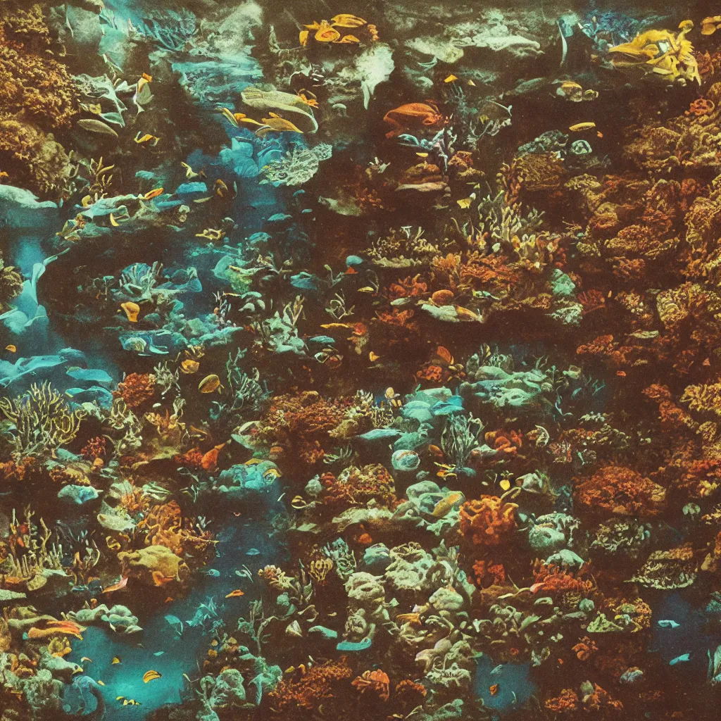 Prompt: grainy vintage autochrome pinhole-photograph of a vintage encyclopedia-illustration of a surreal dreamworld undersea grotto, digital art