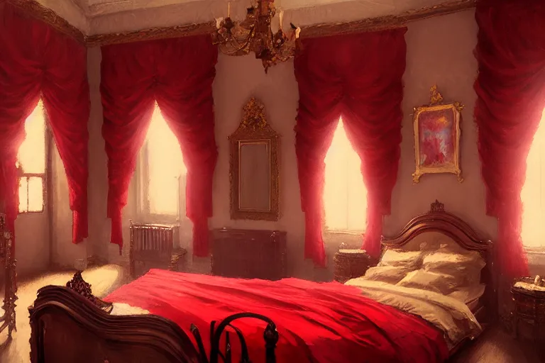 Image similar to an ornate red victorian bedroom, in the evening, 1 8 9 0, key visual, conceptart, ambient lighting, highly detailed, digital painting, artstation, concept art, sharp focus, by makoto shinkai and akihiko yoshida and greg manchess