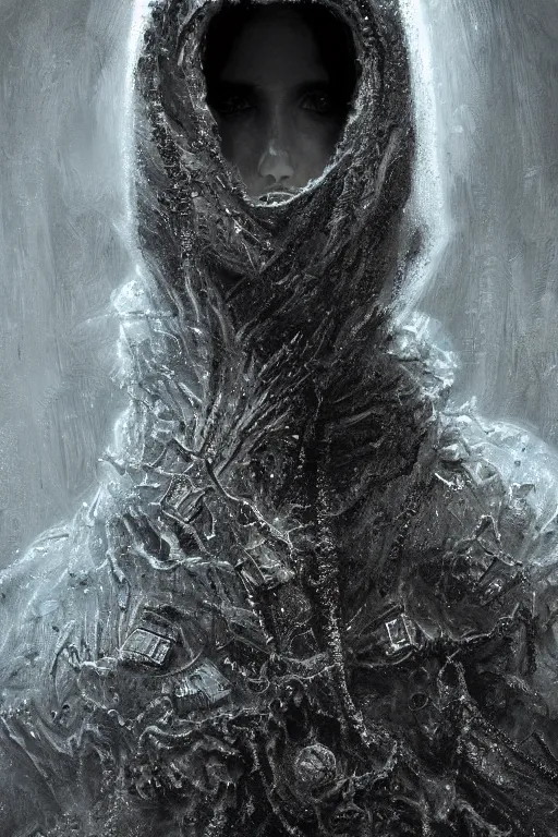 Prompt: realistic portrait of beautifully crystalized and detailed portrait of a ring wraith, matte painting of cinematic movie scene hooded figure, horror, created by gustave dore and greg rutkowski, high detailed, smooth draw, synthwave neon retro, intricate, realistic proportions, dramatic lighting, trending on artstation.