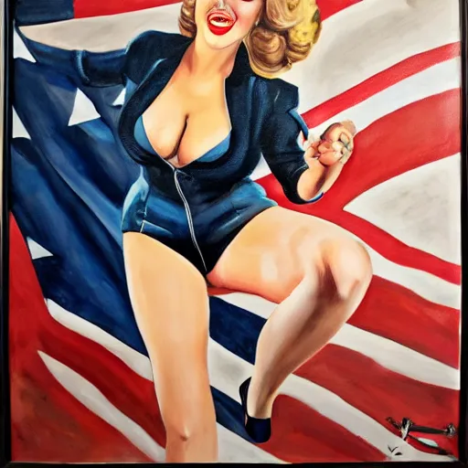 Image similar to Fully-clothed full-body portrait of Kate Upton as a pinup painting on world war II bomber